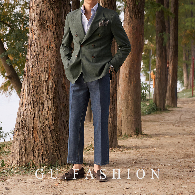 Gu Fashion Gentleman's Double-Breasted Business Casual Blazer Men's British Retro Lightweight Breathable Suit
