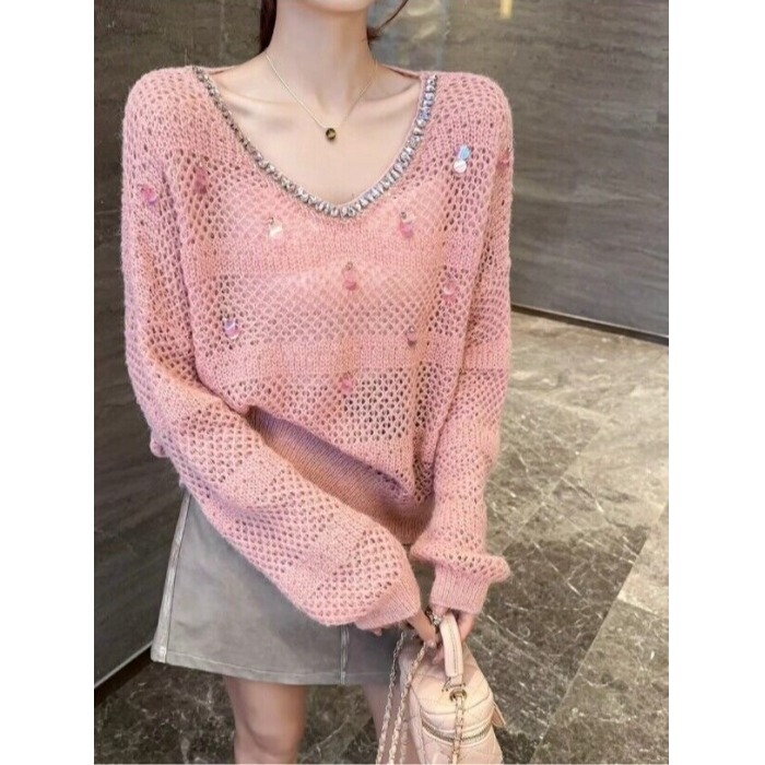 European Goods 2024 Autumn New Fashion Women's Trendy Round Neck Hollow Sequin Design Knit Sweater