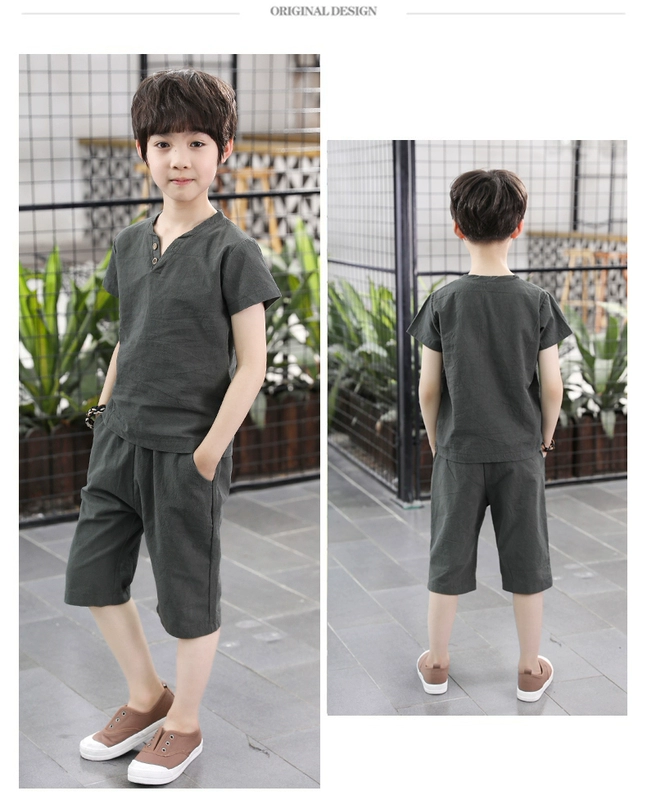 Quần áo trẻ em cậu bé mùa hè phù hợp với 2018 mùa hè mới Hàn Quốc phiên bản của trẻ em lanh lớn trẻ em bông và vải lanh ngắn tay áo hai mảnh đồ bơi cho bé trai