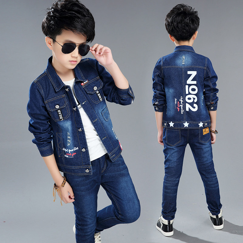 Boys denim suit ten 11 big children spring and autumn 13 schoolboy boy handsome clothes two-piece set-12-15 years old