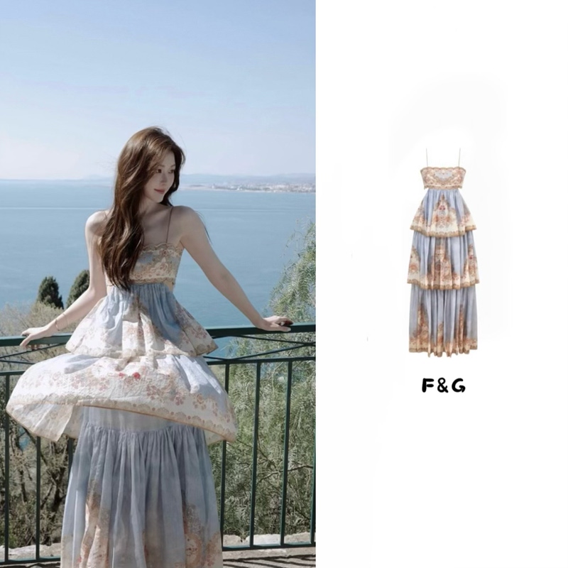 【Gold Coast】Australian Summer Exotic Bohemian Vacation Print Tiered Cake Strap Dress Long