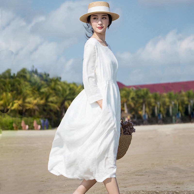 Spring and Autumn Artistic Solid Color Vacation Dress for Women, Plus Size, Loose Fit, Slimming Mid-Length Dress, Fat Girl's Belly Covering, Age-Reducing, Flared Skirt Spring and Autumn Artistic Solid Color Vacation Dress for Women, Plus Size, Loose Fit, Slimming Mid-Length Dress, Fat Girl's Belly Covering, Age-Reducing, Flared Skirt