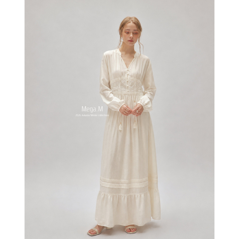 Margemeng French-Style Tencel Mid-Length Dress for Women 2026 Autumn V-Neck Patchwork Long-Sleeve Ruched Long Dress