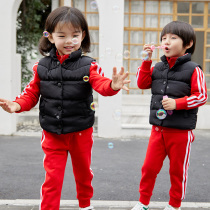Kindergarten garden clothes autumn and winter clothes red sportswear with black vest three-piece classic school uniforms class uniforms
