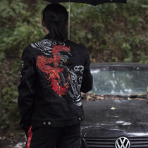 Three provinces and six limited spring and autumn rosefinch embroidery men and women denim slim short jacket heavy industry jacket