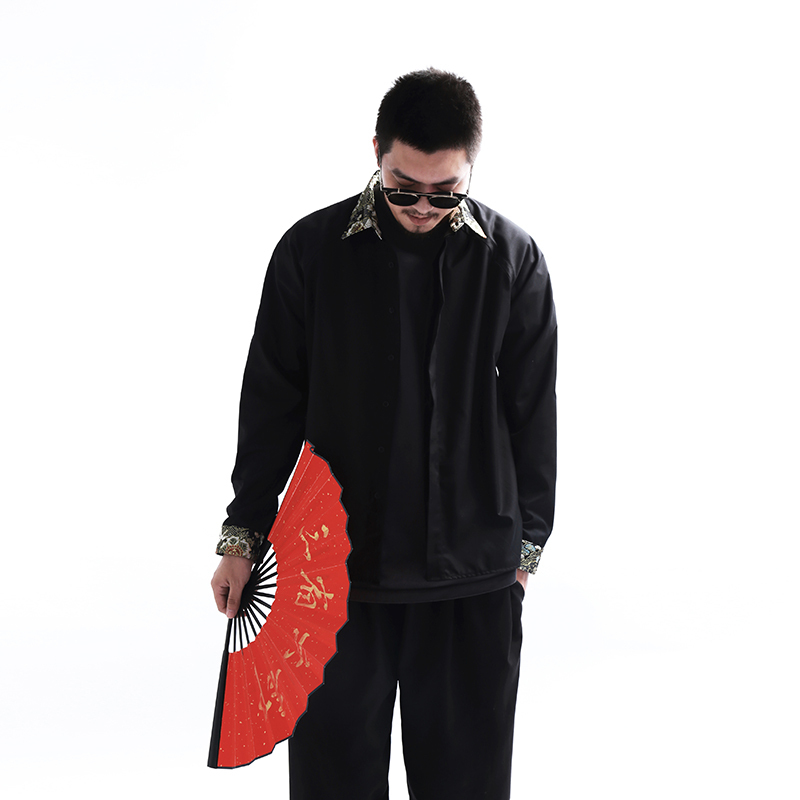 Three Provinces and Six Departments Complex Line·Portraits of All Living Beings·Minimalist and Elegant Raglan Sleeve Men's Black Shirt Imported Nishijin-Ori Weaving