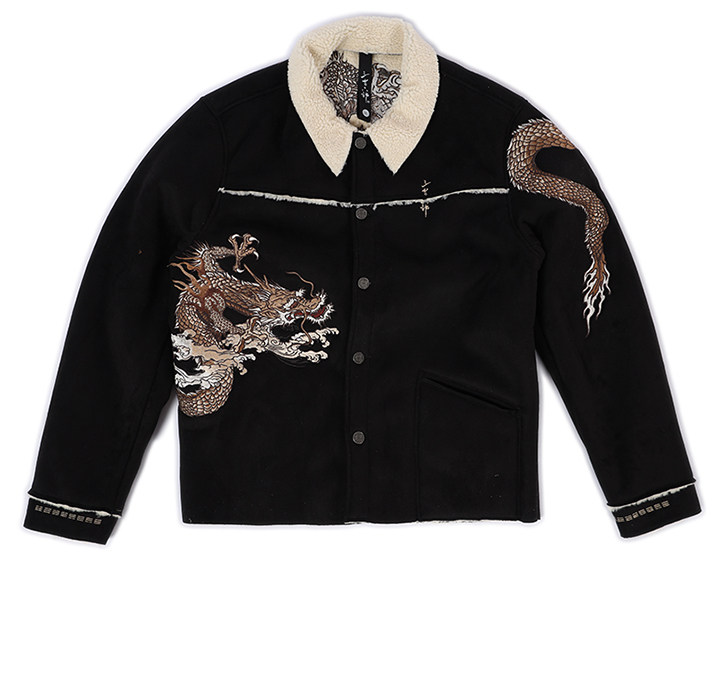 三省六部主线·三龙柄·重工刺绣麂皮羊羔毛拼接防寒保暖机车外套详情16