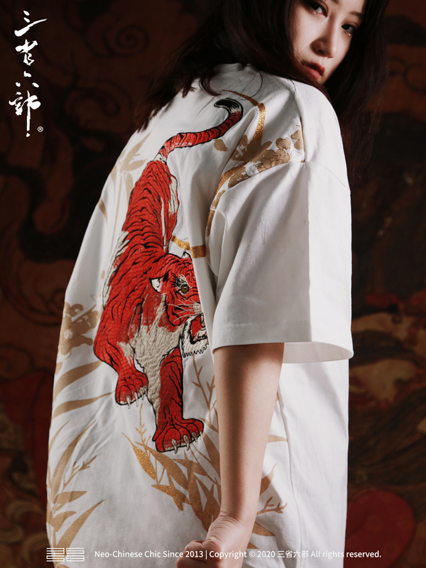 Three Provinces and Six Departments·Xia Shan Hu·Summer Heavy Industry Gold Stamping Bamboo Forest Tiger Embroidery Large Size Men's Short Sleeve T-Shirt Three Provinces and Six Departments·Xia Shan Hu·Summer Heavy Industry Gold Stamping Bamboo Forest Tiger Embroidery Large Size Men's Short Sleeve T-Shirt