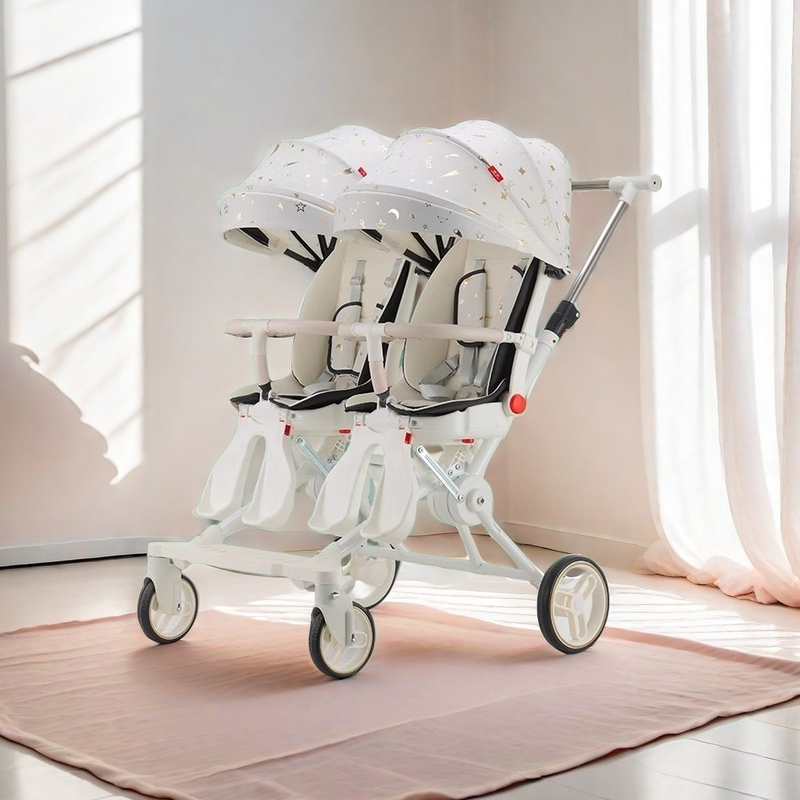 Twin Stroller with Large Seat, Can Sit or Lie Flat, Lightweight, One-Button Folding, Easy Two-Way Push Stroller