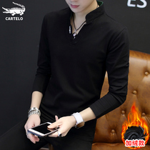 Crocodile winter T-shirt men's V-neck Korean fashion black T-shirt autumn bottoming shirt clothes plus velvet long sleeve men