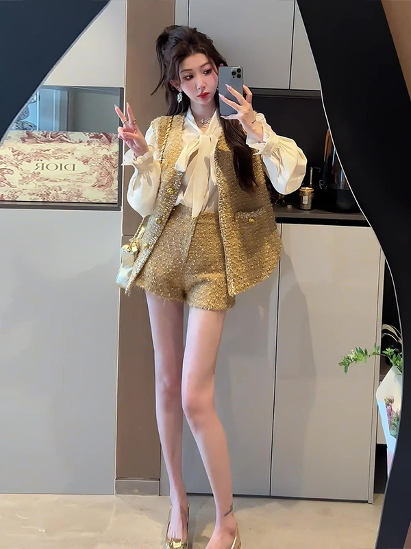 Fashionable French Style Ladylike Tweed Suit for Women 2026 Spring New Tweed Woven Vest High-Waisted Shorts