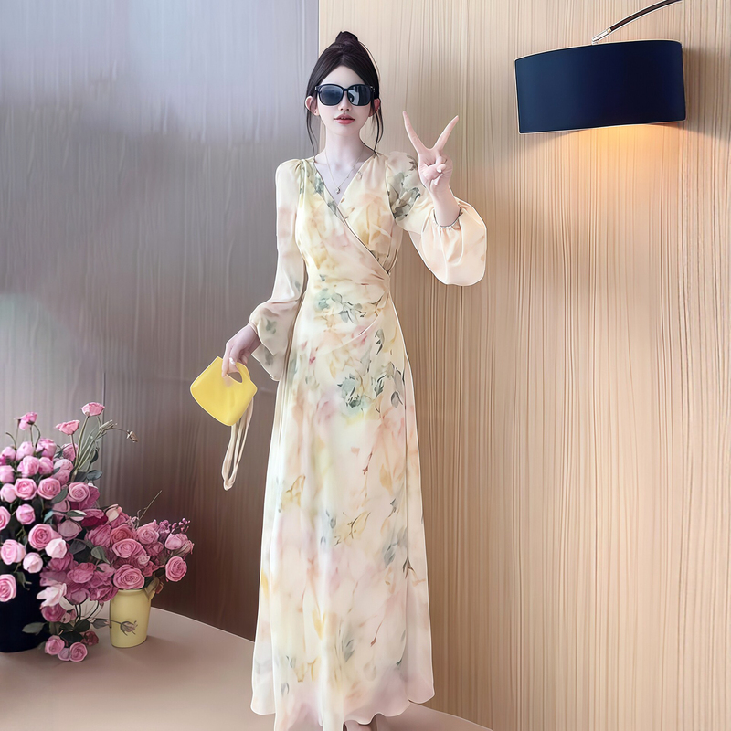 Watercolor Smudged Oil Painting Lantern Sleeve V-Neck Dress for Women 2026 Summer Yellow Waist-Cinching French Style Long Dress Watercolor Smudged Oil Painting Lantern Sleeve V-Neck Dress for Women 2026 Summer Yellow Waist-Cinching French Style Long Dress