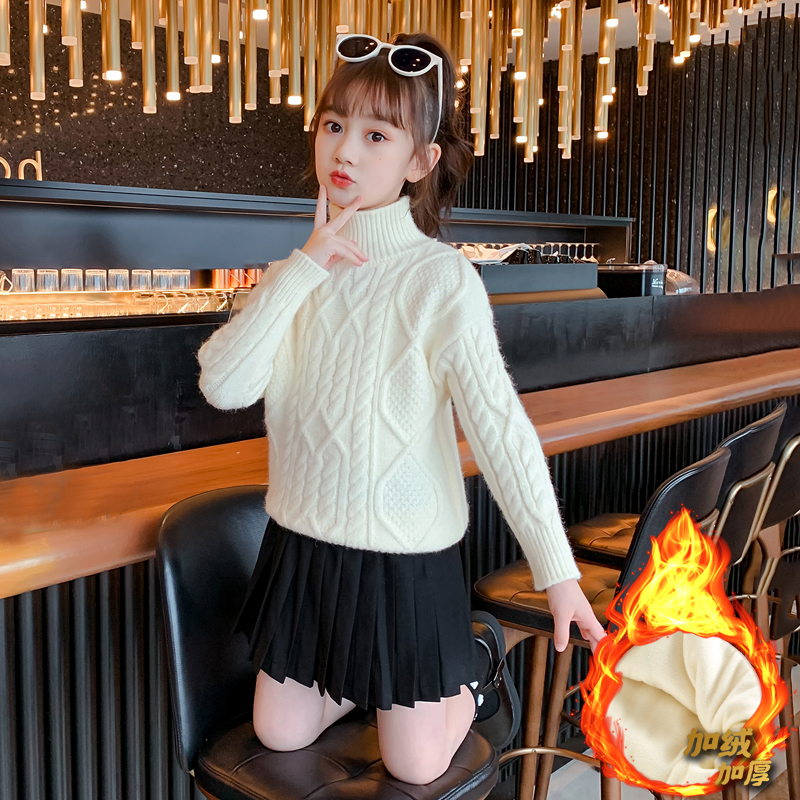Girls' sweater autumn and winter 2022 new hot style high collar middle and big children's bottoming little girl children's white thickened plus velvet