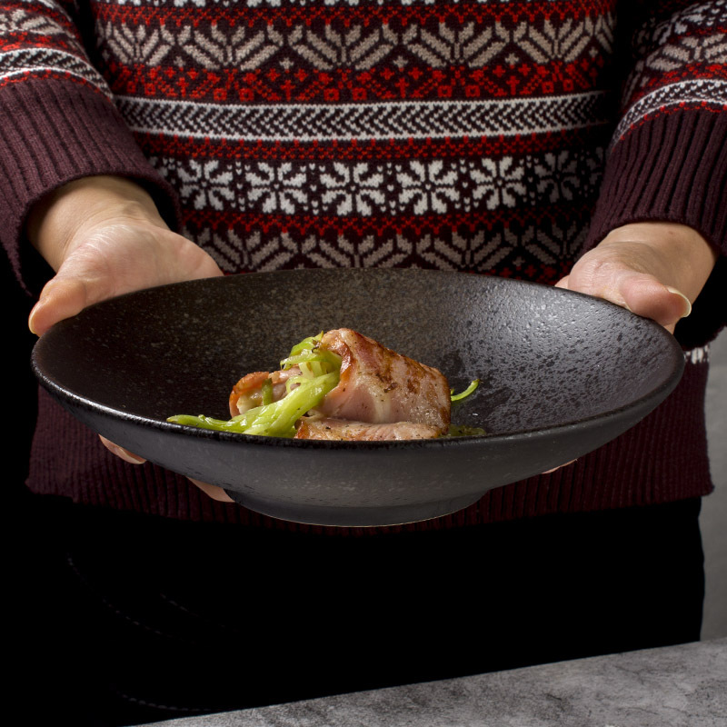 Japanese Retro Tableware Large Black Ceramic Plate Shallow Bowl Dish Soup Plate Household Dish Plate Deep Plate Salad Bowl