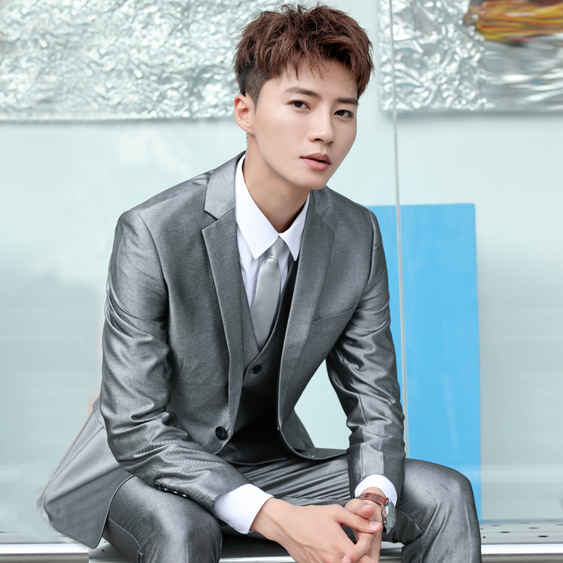 Lightly Mature Style Groom's Wedding Suit, High-Quality Banquet Formal Wear Set, Korean Style Silver-Gray Casual Suit