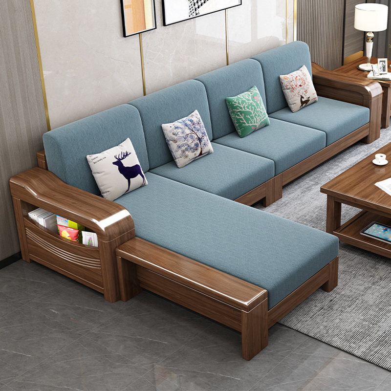 Golden walnut solid wood sofa combination new Chinese style winter and summer dual-use living room storage fabric sofa small apartment