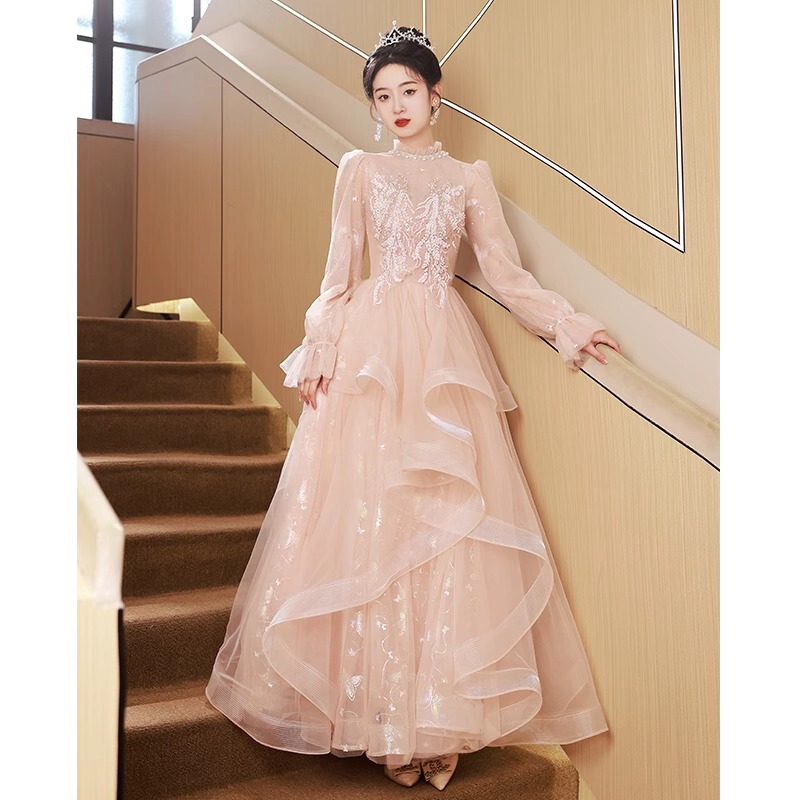 Pink Evening Dress for Vocal Music Students, Elegant and Dignified Hostess Style, High-End Party Princess Dress