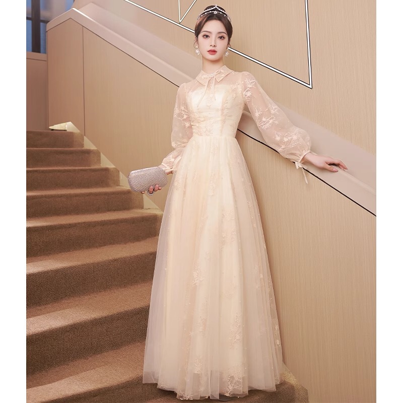 French-Style Evening Dress with Long Sleeves for Banquets, Graduation Ceremonies, Hostess Events, Light Luxury, Niche, High-End, Elegant, Birthday, Coming-Of-Age Ceremony, Princess Dress