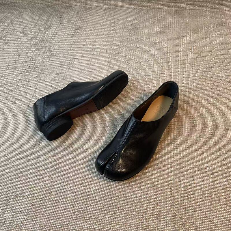 34-40 Size First-Layer Calfskin Slip-On Split-Toe Shoes with a Heel That Can Be Stepped on for Two-Way Wear, Heel Height 2cm