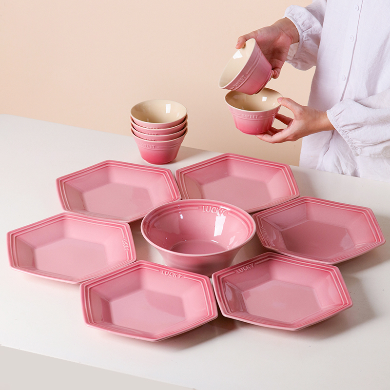 Trendy Hexagonal Platter Combination Tableware Set for Home Use, Ceramic Dish and Bowl Set, High Aesthetic Presentation, 2025 New Model