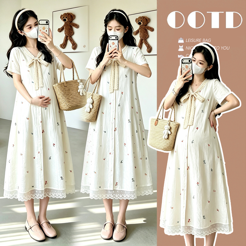 Maternity Dress, Summer Thin Style, Fashionable Mid-Length Dress for Late Pregnancy, Faux Two-Piece Embroidered Casual Slimming Clothing Maternity Dress, Summer Thin Style, Fashionable Mid-Length Dress for Late Pregnancy, Faux Two-Piece Embroidered Casual Slimming Clothing