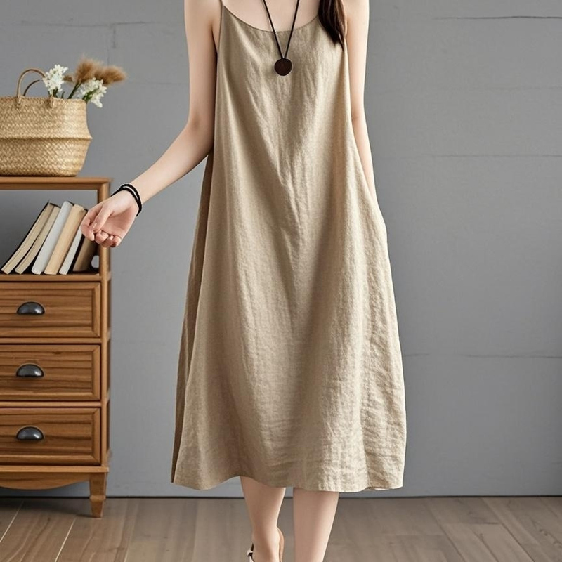 Summer Pure Cotton White Dress with Straps, High-Waisted, Elegant Skirt, Plus Size, Vintage, Loose, Mid-Length, Sleeveless