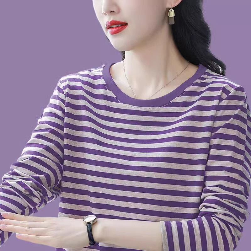 Pure Cotton Long-Sleeved T-Shirt for Women, New Early Spring Top, Middle-Aged Autumn Shirt, Loose Large Size Striped Women's Base Shirt for Outerwear