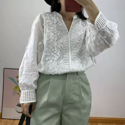 Pinghu foreign trade France single original factory out white cotton V-collar embroidery three-dimensional flower hollow loose long sleeve shirt