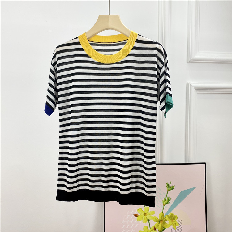 AC2021 spring summer CHAO fine fine imitation silk wool bump color 50% sleeves stripe thin loose short sleeve knit T-shirt