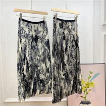Japanese single national style elegant high-end ink black and blue pleated skirt high-end digital printing a-character chiffon dress summer