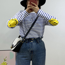  Healing age reduction asymmetrical smiley face~Japanese niche Blue striped black and white long-sleeved cotton T-shirt