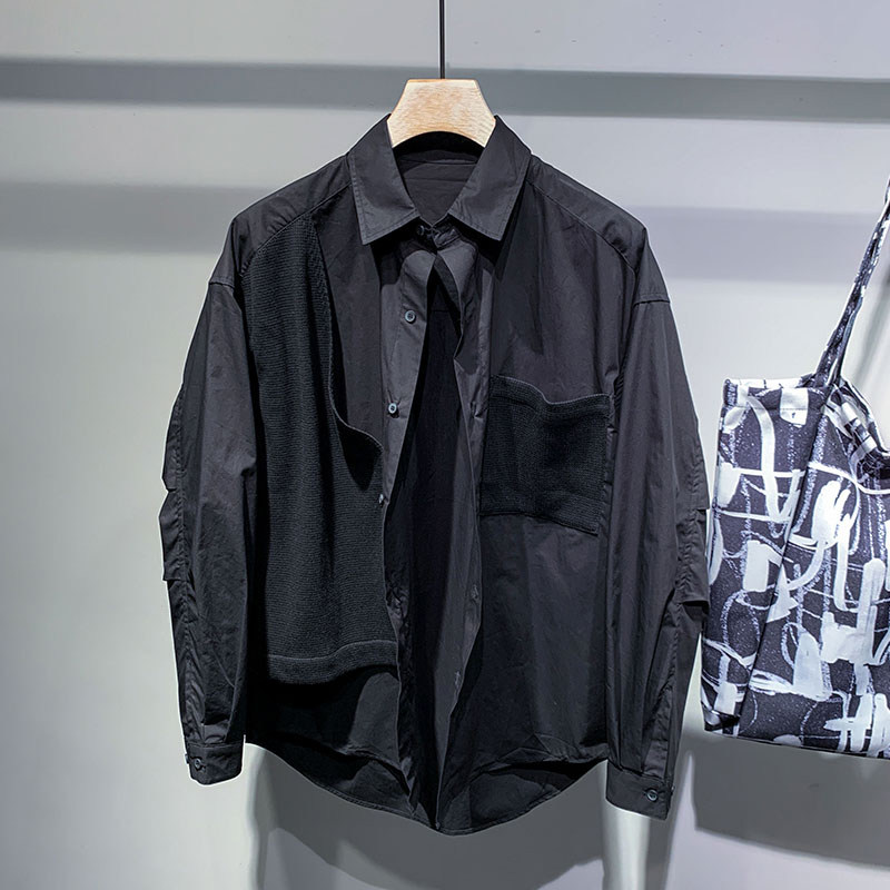 TELINLU Japanese simple design knitted patchwork structure shirt men's spring fashion handsome long-sleeved shirt