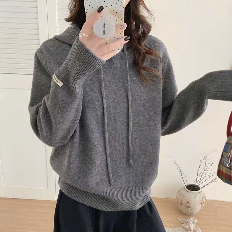 2026 New Autumn and Winter Short Long-Sleeved Knitted Hooded Sweater Korean Style Petite Fashionable Versatile Stylish Hoodie for Women