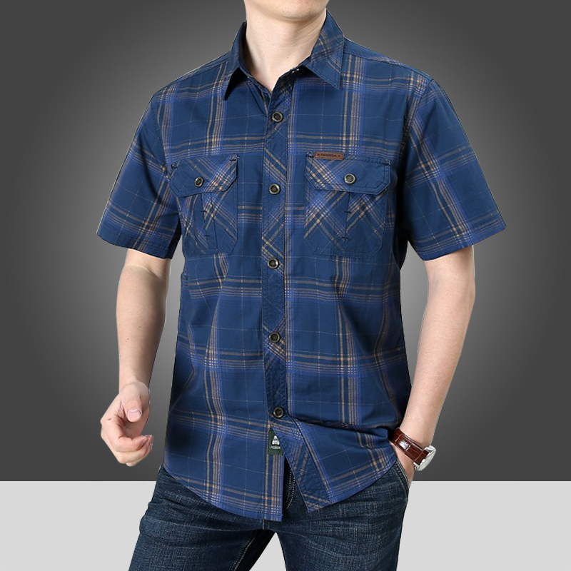 Summer Short-Sleeved Shirt for Middle-Aged and Elderly Men, Pure Cotton, Loose Fit, Large Size, Dad Style, Plaid, Double Pocket Work Shirt, Military Style