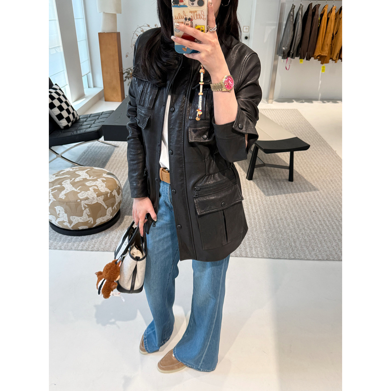 Msrm Vintage Heavy Washed Imported Sheepskin Single-Breasted Stand Collar Waist-Tightened Hunting Jacket Leather Coat for Women 042 Msrm Vintage Heavy Washed Imported Sheepskin Single-Breasted Stand Collar Waist-Tightened Hunting Jacket Leather Coat for Women 042