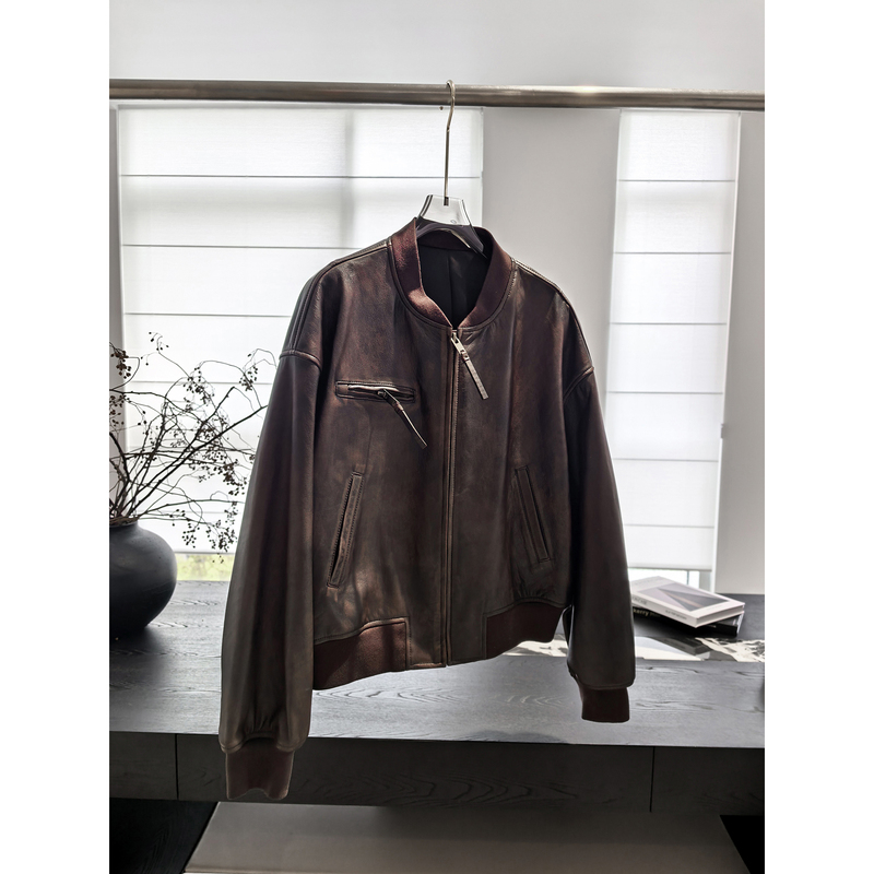 Msrm Benefits Vintage Distressed Imported Cowhide Short Genuine Leather Baseball Jacket 26362