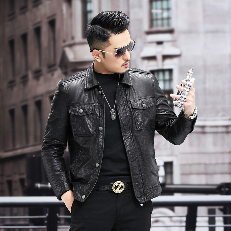Autumn and Winter New Oil Waxed Cowhide Genuine Leather Jacket Men's Short Casual Leather Jacket Lapel Motorcycle down Jacket Coat