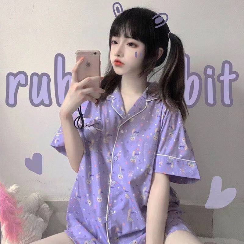 Pajamas Teen Hearts Purple Stars Didew 2024 Summer New Ins Wind Day Ensemble Cute Sweet home Suits Suit-Taobao