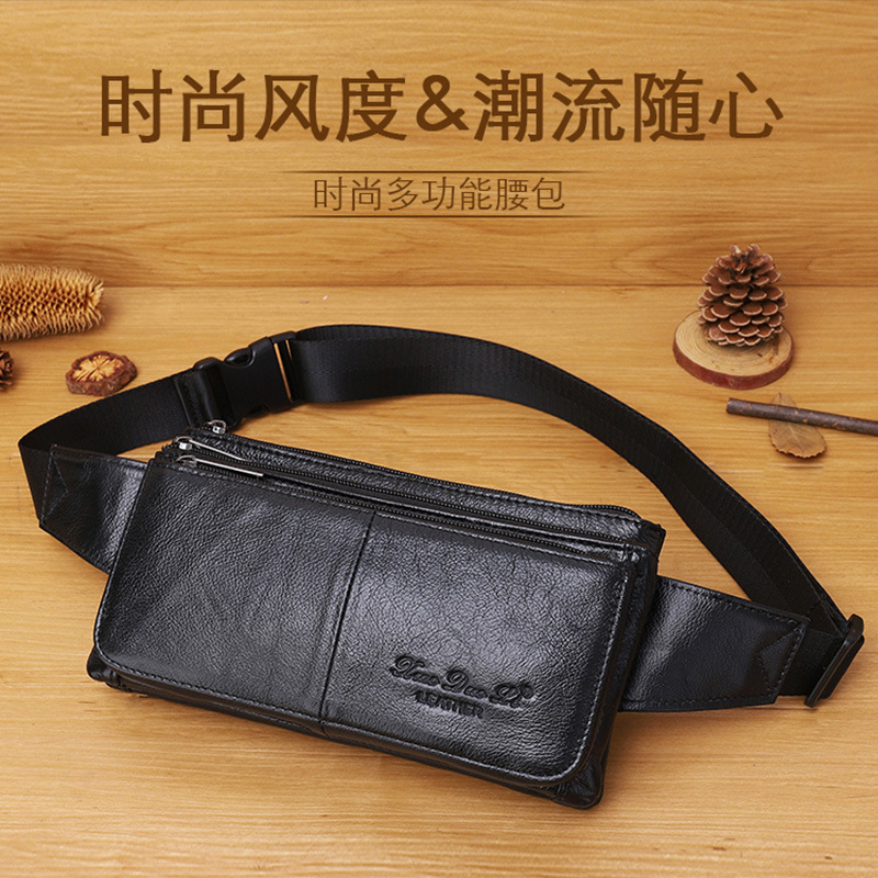 Genuine Leather Men's Waist Bag, First-Layer Cowhide Crossbody Small Bag, Multi-Functional Mobile Phone Bag, Casual Chest Bag, Multi-Compartment Cashier Bag