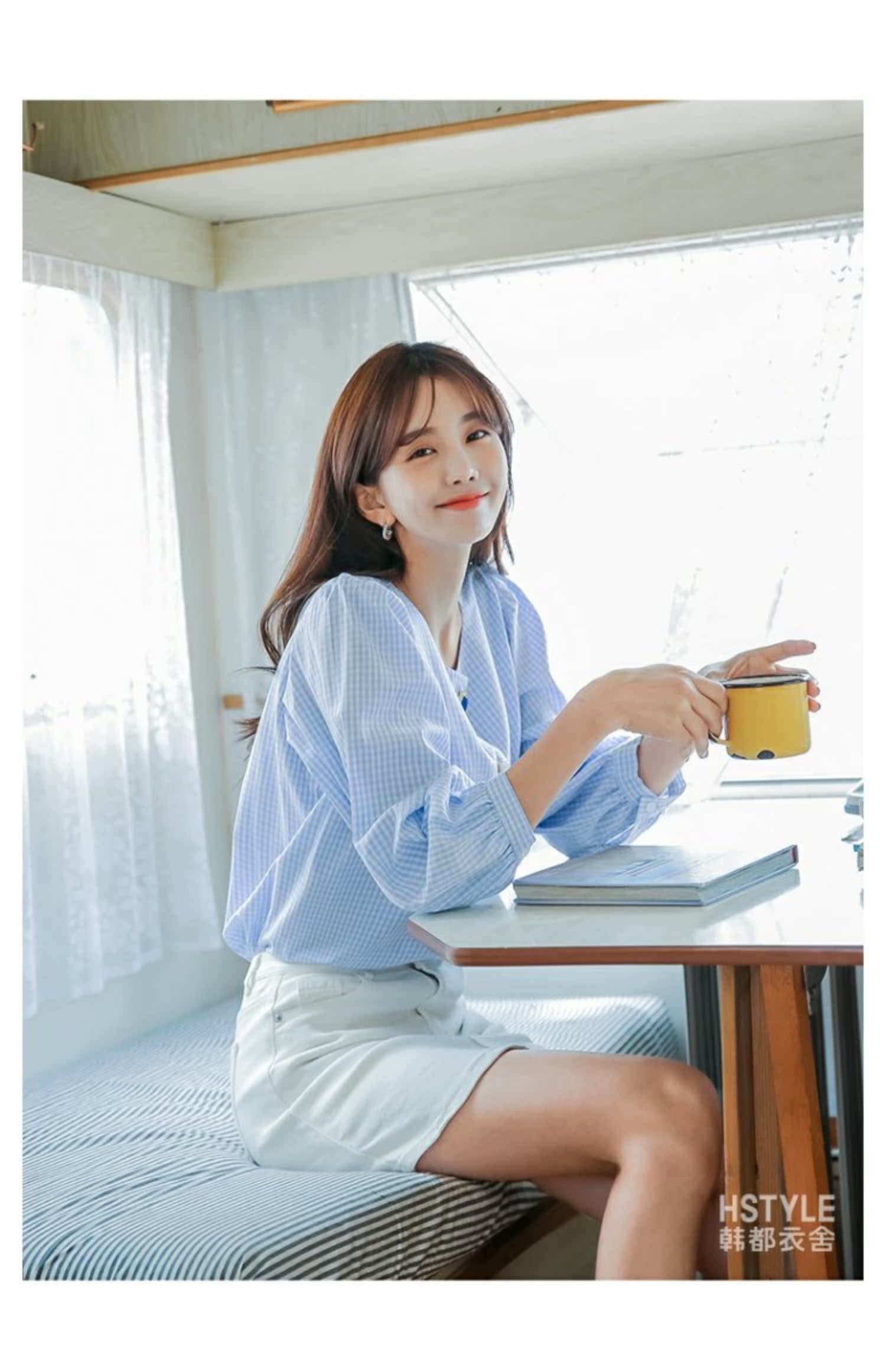 Nhà quần áo Handu 2019 hè mới dành cho nữ phiên bản Hàn Quốc của áo sơ mi kẻ sọc bong bóng tay áo sơ mi kẻ sọc JM9937 - Áo sơ mi sơ mi nữ dài tay hàn quốc