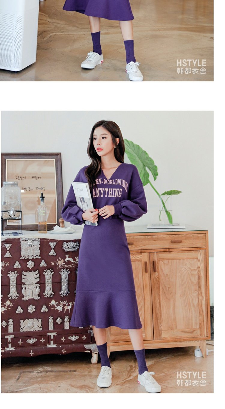 Quần áo Handu 2019 Áo len nữ mùa đông cổ chữ V dài tay thắt eo một chữ cộng với váy nhung EK8692 - A-Line Váy đầm xòe công chúa cao cấp