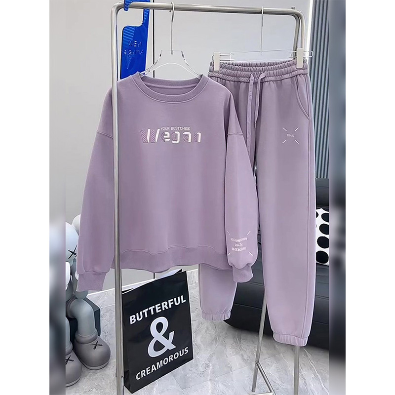 2024 Spring Autumn New Fashion Casual Sports Suit Women Purple Aging Round Aging Acrobae Pants Two Sets-Taobao