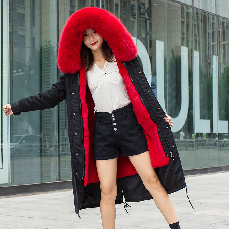 2019 Winter Pie vượt qua nữ đầu gối mới dài Removable Hare Nội Bilifur Coat Ni Khắc phục