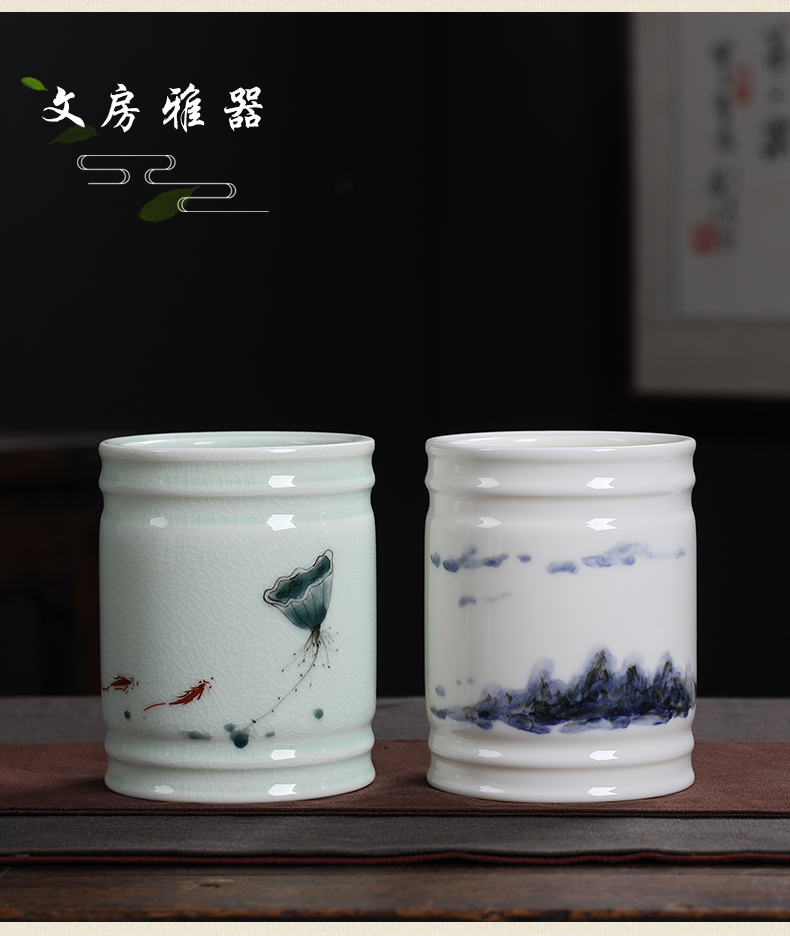 Oriental soil creative hand - made ceramic brush pot Chinese office desktop furnishing articles study the elder customized gifts