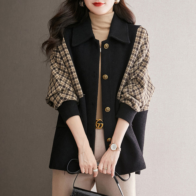 Winter lapel plaid coat jacket women's mid-length autumn and winter 2022 new loose knitted cardigan thickened top