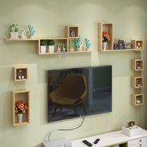 Solid wood wall shelf Punch-free wall hanging bedroom wall creative lattice living room TV background wall decoration rack