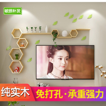 Solid wood punch-free wall shelf Wall-mounted living room bedroom decoration creative TV background wall shelf shelf