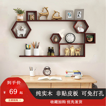  Solid wood punch-free wall shelf Wall-mounted living room bedroom decoration creative TV background wall shelf partition