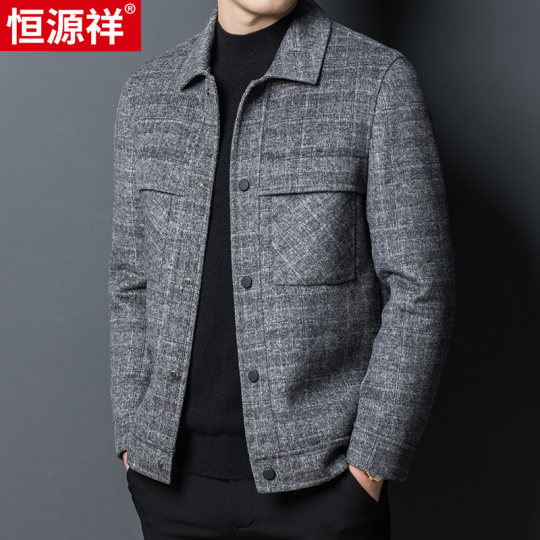 恒源祥秋冬季羊毛呢大衣短款中年大码宽松外套男士休闲呢子夹克潮