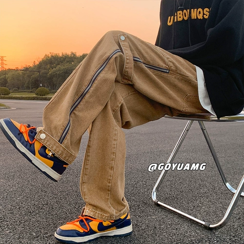 Трендовые черные джинсы, штаны с молнией, осенние, оверсайз, свободный прямой крой